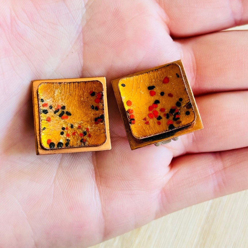Matisse Renoir Clip Enamel Polka Dot Earrings VTG Signed Retro Copper MCM 60s